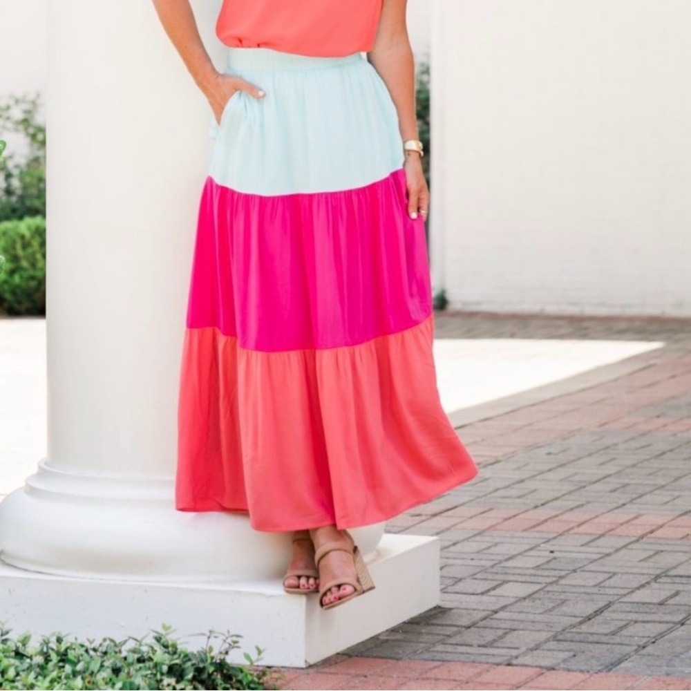 Gibson Colorblock Tiered Paradise Maxi Skirt Boho Beach Vibes